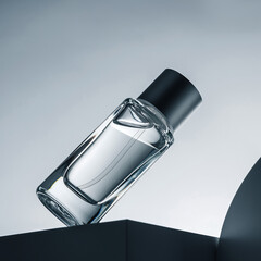 minimal clear glass perfume bottle with black cap