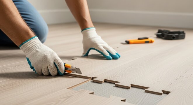 Male installing laminate flooring with hand tools in bright room