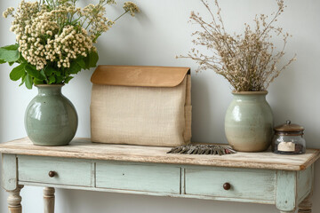 Vintage console table with ceramic vases, flowers, a fabric bag, and key set against a white wall