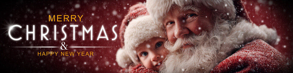 Merry Christmas and Happy New Year. A hyper-realistic older Santa Claus hugging a child Santa Claus on a snowy red background. Template for a Christmas card. Generative Ai.