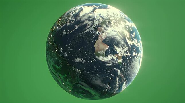 Dynamic 3D render of Earth rotating against a vibrant green screen, capturing global continents, oceans, and atmospheric details for various media projects