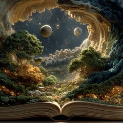 A fantasy world bursting out of an open book