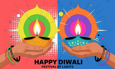 Colorful Diwali celebration with hands holding illuminated oil lamps.