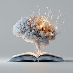 A luminous brain emerging from an open book