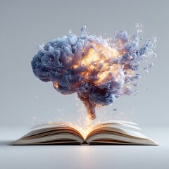 A luminous brain emerging from an open book