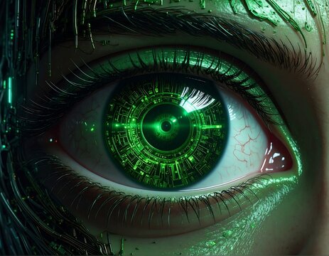 Close-up of a cybernetic eye glowing bright green with intricate details