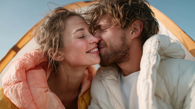 A couple hugging and kissing by a tent: warm tones, soft lighting and their expressions convey deep attachment and a romantic mood.