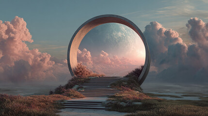 Fototapeta premium An ethereal portal to a different world, beckoning the viewer into a realm of mystery and wonder. The stone archway frames a celestial scene of clouds and celestial bodies