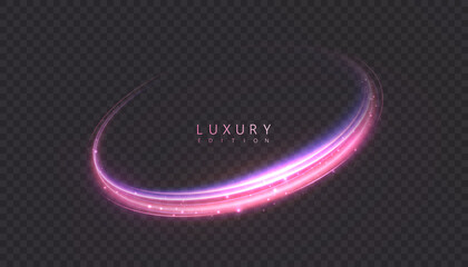 Bright luxury light ring with soft pink and violet glow, forming a smooth curved arc with sparkling particles. Dynamic elegant trail for premium visuals, magic effects and luminous motion accents.