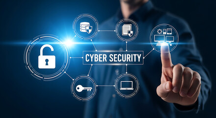 A person's finger touching a digital interface related to cybersecurity and data protection.