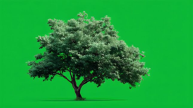 Vibrant green leaf tree with sturdy brown trunk isolated against a clean chroma key green background, ready for digital compositing and media projects requiring natural elements