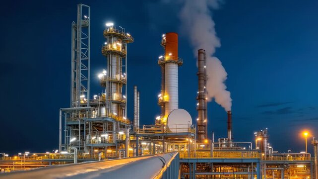 Factory emitting plumes of smoke vast industrial plant with multiple smokestacks releasing copious plumes of smoke into sky