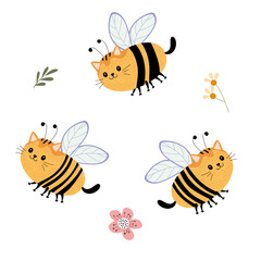 Three cute yellow cat bees flying. Funny animal insect character with stripes and wings. Creative design for kid product.