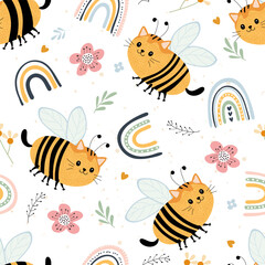 Cute cat bee seamless pattern with rainbow and flower. Adorable artistic print for nursery textile. Childish nature design.