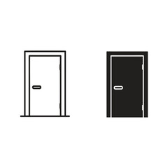 Two door icons, one in outline style and one in solid style isolated on