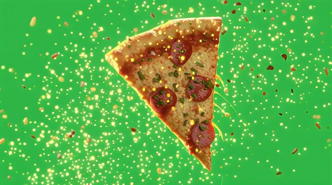 Dynamic pepperoni pizza slice levitating with glittering golden particles against a vivid green screen, ideal for high-impact food advertising media and motion graphics