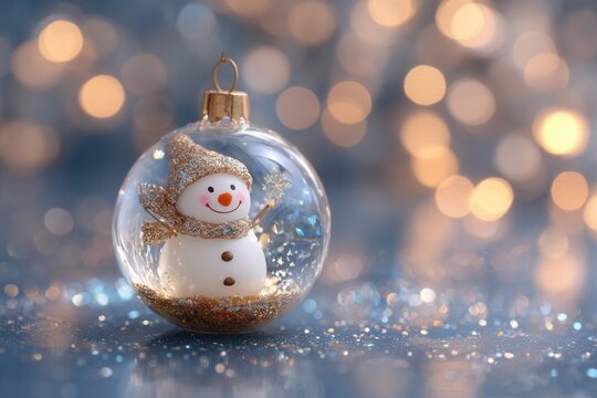 Snowman figurine inside a glass snow globe with sparkling glitter, surrounded by soft bokeh lights, creating a festive and magical holiday atmosphere