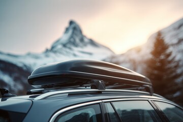 Car roof box on vehicle parked in scenic mountain landscape, showcasing adventure-ready design with snow-capped peaks and soft sunset lighting, perfect for travel enthusiasts