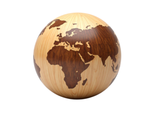 Minimal Wooden Sphere Globe with Simplified World Map, isolated on a transparent background.
