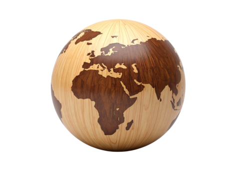 Minimal Wooden Sphere Globe with Simplified World Map, isolated on a transparent background. - Powered by Adobe
