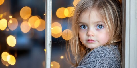 A young girl with blonde hair and blue eyes is standing in front of a window. The window is covered with a frosted glass, which creates a sense of mystery and intrigue
