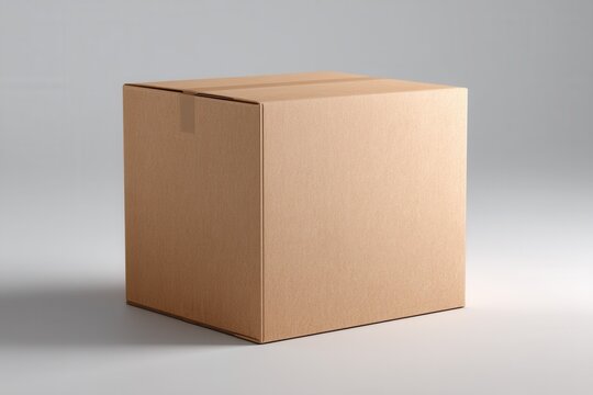 Brown cardboard box with a smooth texture, positioned on a soft gradient background, ideal for packaging mock up and design purposes showcasing versatility and simplicity