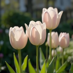 Fototapeta premium Realistic tulips in full spring bloom with pastel petals, silky textures, and fresh green stems against a softly blurred garden background.