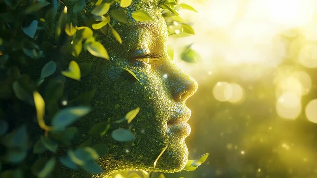 Mystical nature spirit face blending with glowing green leaves and sunlight, fantasy representation