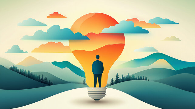 Business idea concept with person inside lightbulb overlooking colorful mountain landscape and sunrise bringing inspiration and hope