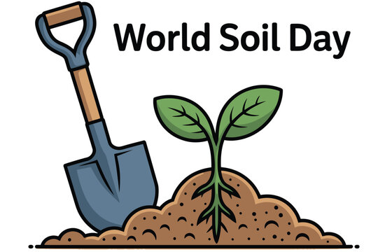 A shovel is placed next to a young plant growing from soil, celebrating World Soil Day.