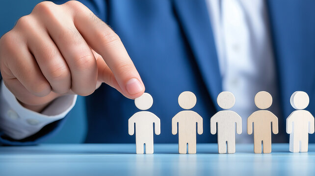 Wooden figure selection human resource concept businessman choosing employee for leadership role, focus on hand picking candidate and teamwork motivation