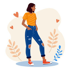 A young fashionable woman stands in ripped jeans and orange sneakers. Casual, everyday style. Feminine vector illustration for design.