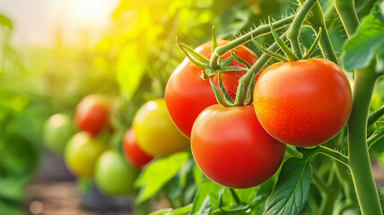 Ripe red tomato on vine among green leaves in morning sunlight, fresh organic garden produce with natural dew and warm golden glow