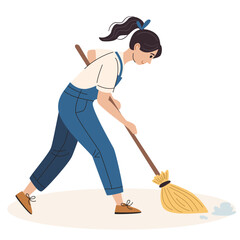 Woman sweeping dust with broom, cleaning floor. House cleaner or janitor at work. Housekeeping concept for chore illustration.
