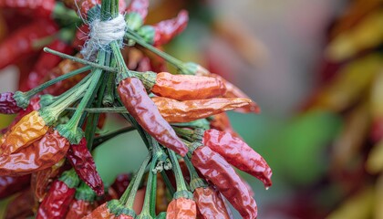 Close up of dried red chili peppers hanging in bunches with natural lighting and soft focus background of more peppers and greenery