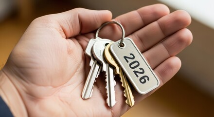 Hand Holding Keys with 2026 Tag Close Up