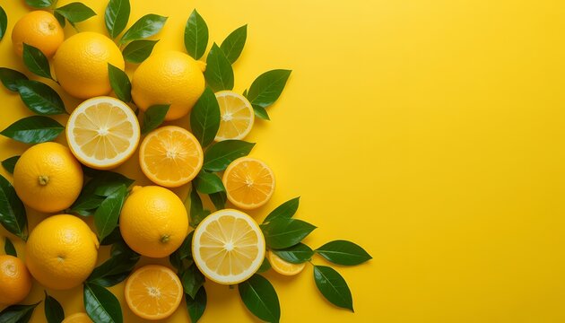 Fresh citrus fruit oranges with lush green leaves on vibrant yellow background for healthy - Powered by Adobe
