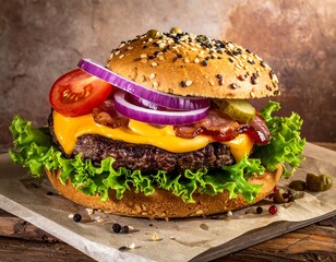 Close-up of a delicious burger with cheese and toppings