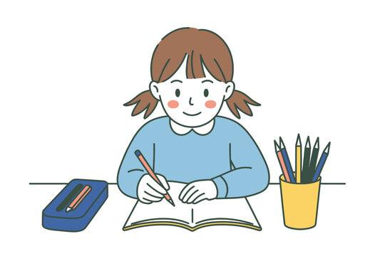 A young girl sits at a desk and draws with colored pencils.