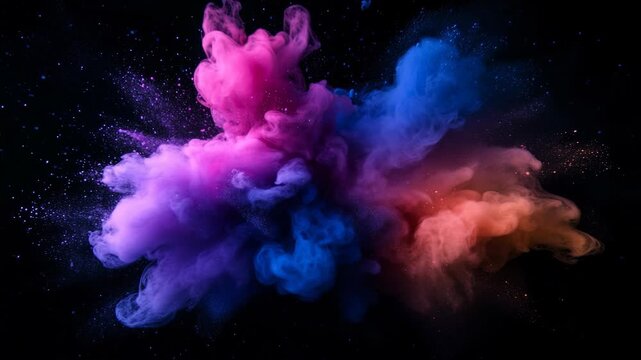Vibrant explosion of colorful powder creating a dynamic abstract cloud, professional render