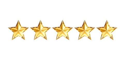Five shiny golden stars arranged in a horizontal row on transparent background, premium quality rating symbol PNG for customer reviews and feedback