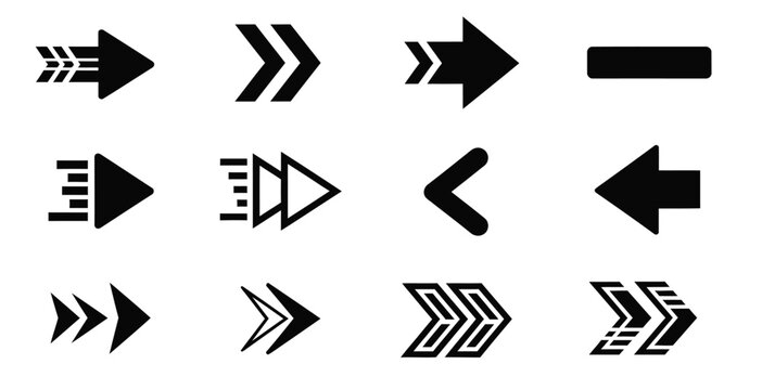 Collection of twelve diverse black arrow icons representing direction and movement on a white background