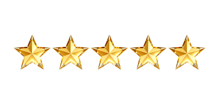 Five shiny golden stars arranged in a horizontal row on transparent background, premium quality rating symbol PNG for customer reviews and feedback