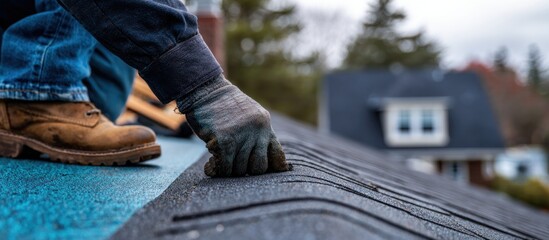 Roofer Installing New Roof Shingles on Residential House.