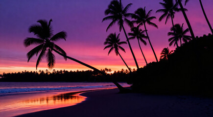 Tropical beach sunset with palm trees silhouetted against a vibrant sky