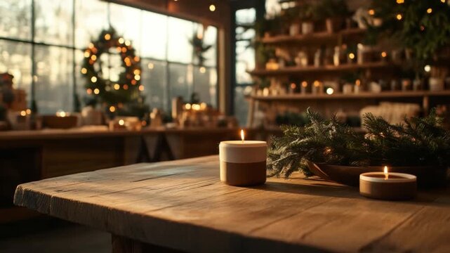 Festive Still Life: A warm, inviting tableau of holiday decor, with soft candlelight illuminating a rustic table laden with festive arrangements.