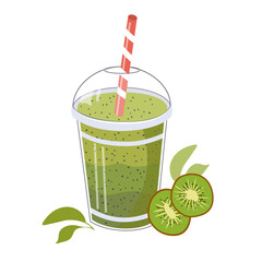 Kiwi smoothie in a plastic cup with a straw. Healthy drink concept for summer. Fresh fruit beverage for cafes.