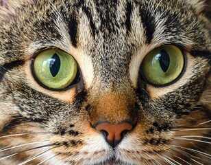 Close-up of a domestic tabby cat's face with striking green eyes