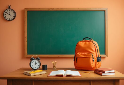 A neatly arranged classroom desk with backpack clock books and blank chalkboard ready for learning