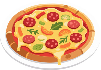 Cartoon Pizza on Plate Vector Illustration, Flat Italian Food with Colorful Toppings
